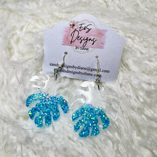 Monstera Clear/Light Blue Resin Earrings