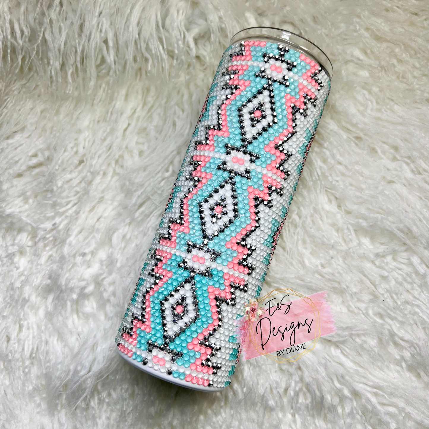 Coral and Blue Aztec Rhinestone Tumbler