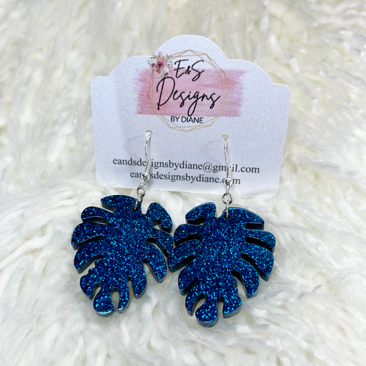 Monstera Dark Blue Resin Earrings