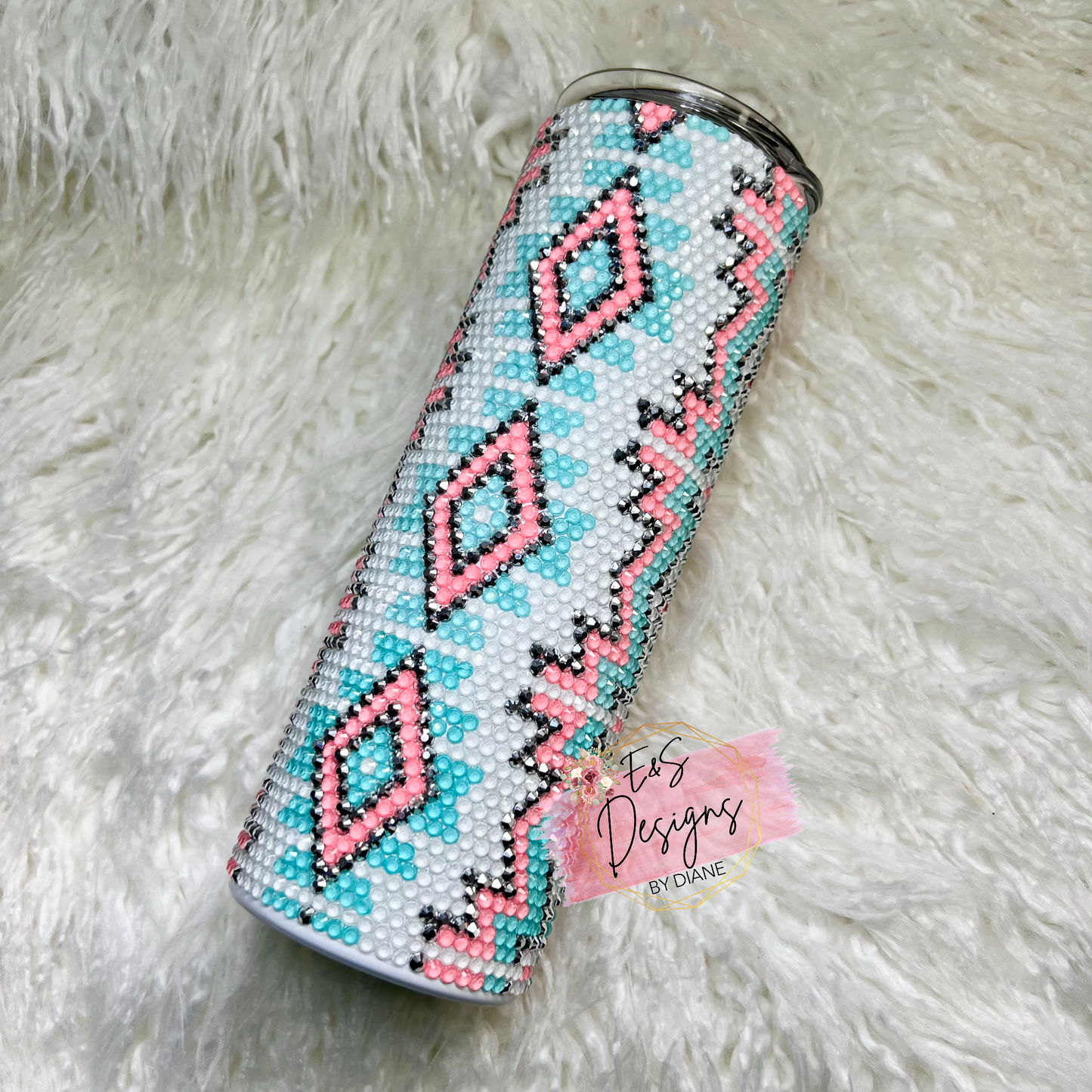 Coral and Blue Aztec Rhinestone Tumbler