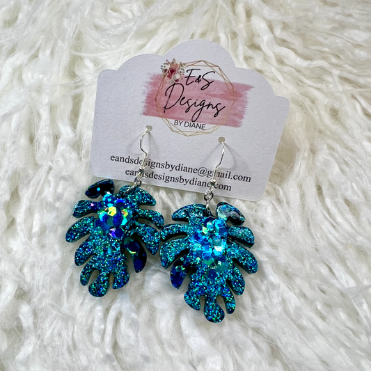 Monstera Teal Ombre Resin Earrings