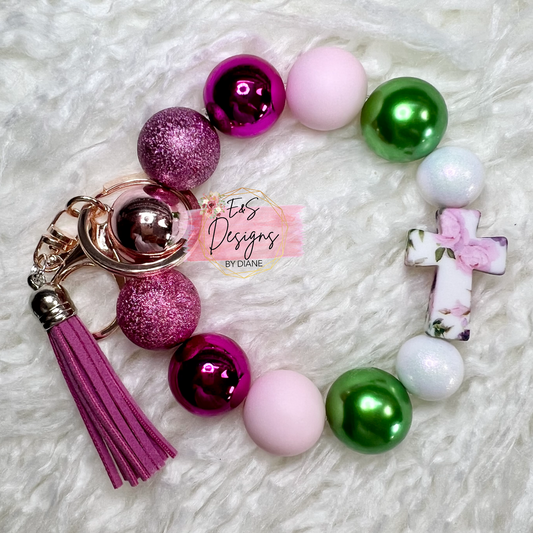 Pink Floral Cross Wristlet Keychain