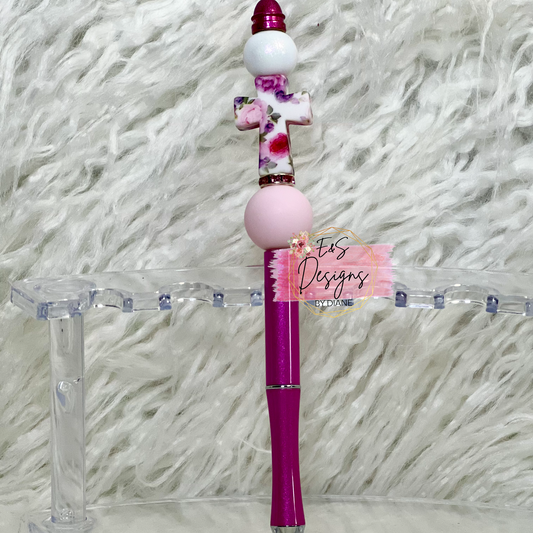 Pink Floral Cross Beaded Pen