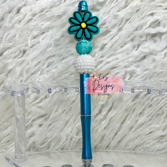 Light Blue/Turquoise Daisy Beaded Pen
